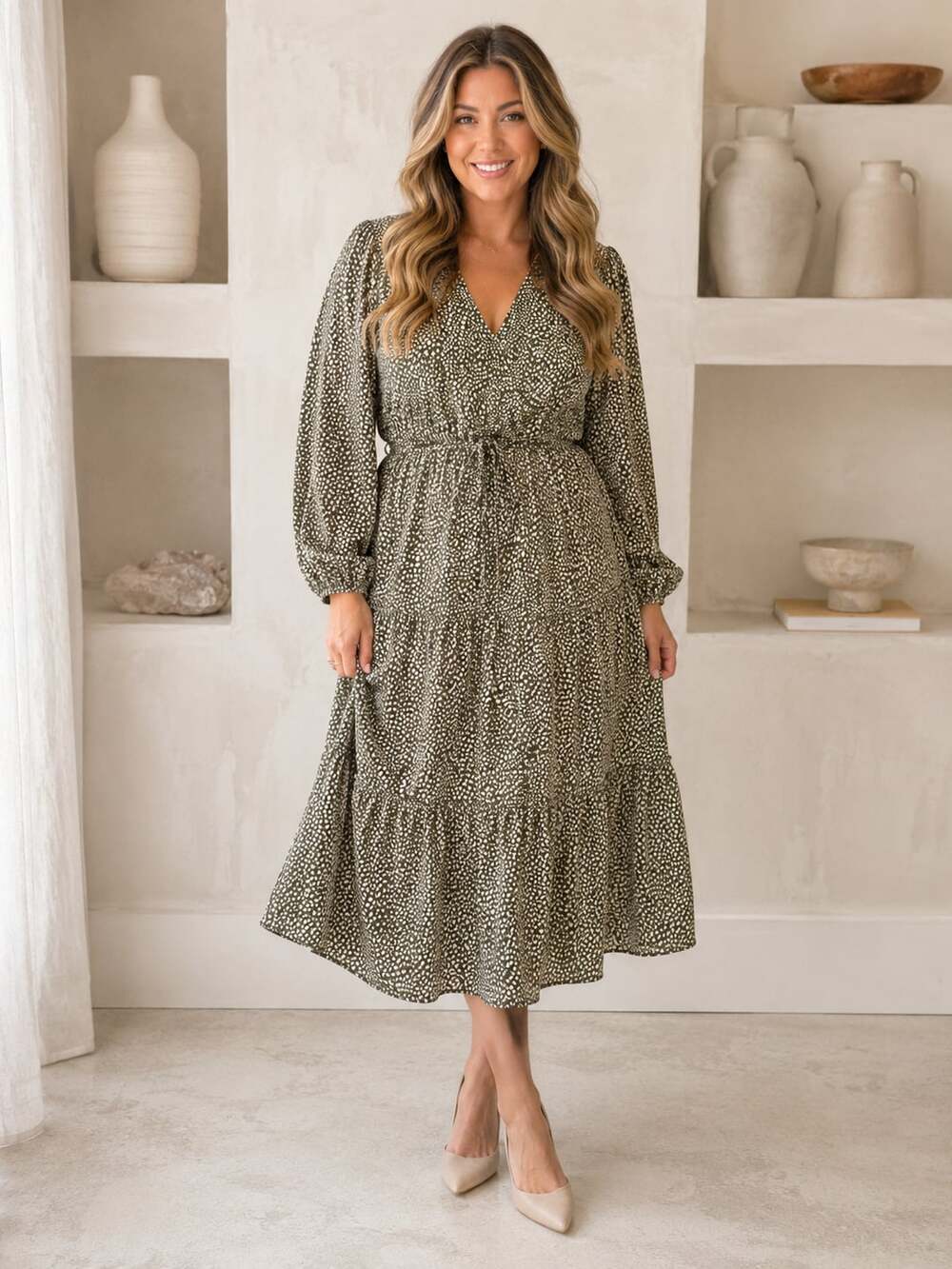 Fashion XXL Green Leopard Print Tiered Midi Dress Long Sleeve Tie Waist Boho